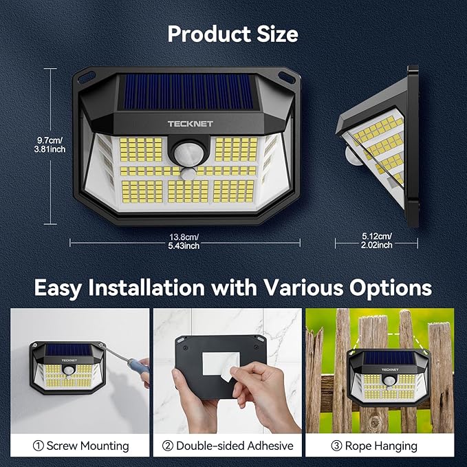 TECKNET 231 LED Solar Motion Lights Outdoor Waterproof, 8 Pack 300° Angle & 3 Lighting Modes PIR Motion Sensor Security Solar Wall Lights IP65 for Fence Front Door Yard Deck Garden Garage