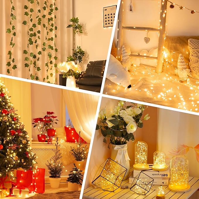Lakumu 132FT(33 * 4) Fairy Lights Battery Operated, Rechargeable String Lights with Timer, LED Twinkle Lights for Bedroom, Christmas Decorations, Wedding, Centerpiece Table Decor, Warm White