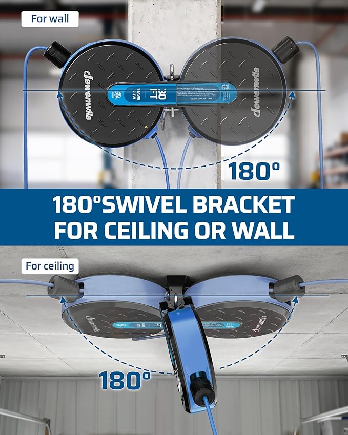 DEWENWILS 30FT Retractable Extension Cord Reel, Ceiling/Wall Mount 16/3 SJTW Power Cord with 3 Lighted Triple Outlets for Garage Shop, 10 Amp Circuit Breaker, Metal Plate, ETL Listed, Blue