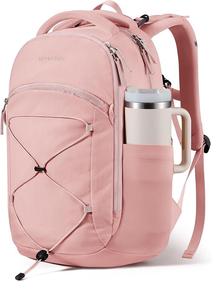 LOVEVOOK Everyday Laptop Backpack for Women Men With Giant Tumbler Holder,15.6 Inch Classic Travel Work College Teacher Carryon Backpack Purse,Waterproof Computer laptop Bag Hiking Backpack,Light Pink