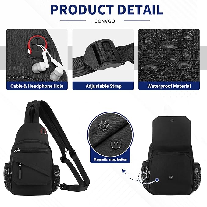Small Crossbody Bag Casual Sling Bag for Men, Convertible Backpack, 3-in-1 Anti-Theft Shoulder Bag Trendy Daypack for Travel, Black