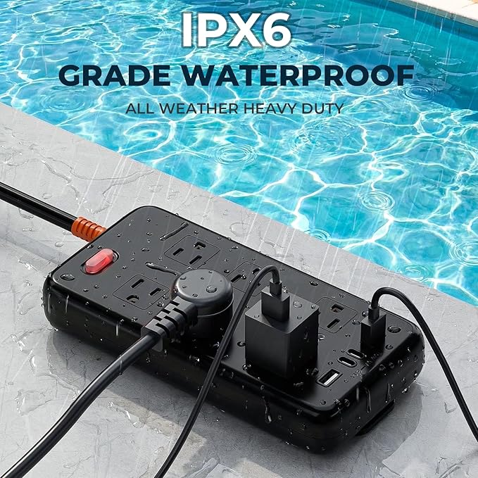 Outdoor Power Strip Weatherproof, IPX6 Waterproof Surge Protector with 6 Wide Outlets and 2USB A&2USB C, 1625W/13A, 10FT Extension Cord, Wall Mountable for Indoor Outdoor, UL FCC Listed