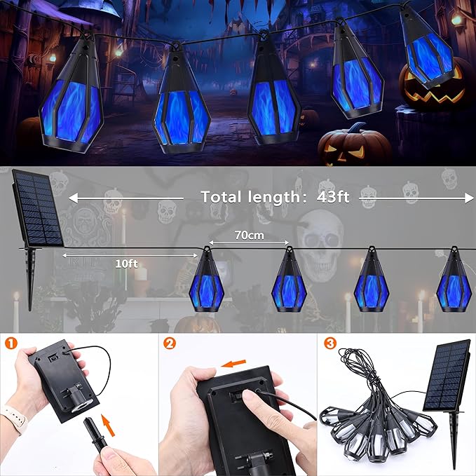 Solar String Lights for Outside, 33Ft Solar Patio Lights with 15 Flickering Flame Light Bulbs, Waterproof Blue Solar Powered Outdoor Light for Garden Yard Patio Gazebo Bistro Cafe Porch Party Decor