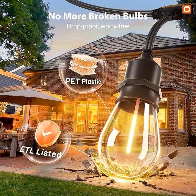 addlon 100FT Outdoor String Lights LED with Remote Dimmable Patio Lights Waterproof Shatterproof with 50 Edison Bulbs for Outside Backyard Porch Garden Bistro Pergola Party Decor, Warm Lighting
