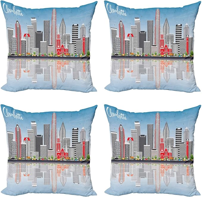 Ambesonne North Carolina Throw Pillow Cushion Case Pack of 4, Charlotte Skyline with Urban Skyscrapers Buildings City Landscape, Modern Accent Double-Sided Digital Printing, 24", Grey Coral