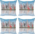 Ambesonne North Carolina Throw Pillow Cushion Case Pack of 4, Charlotte Skyline with Urban Skyscrapers Buildings City Landscape, Modern Accent Double-Sided Digital Printing, 16", Grey Coral