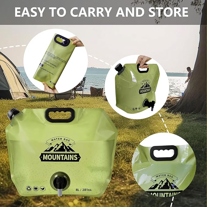 Collapsible 8L Water Storage Bag, BPA-Free Portable Folding Water Jug with Adjustable Faucet, Leakproof Emergency Water Bag for Camping, Hiking, Riding, Outdoor Sport (2, Green)