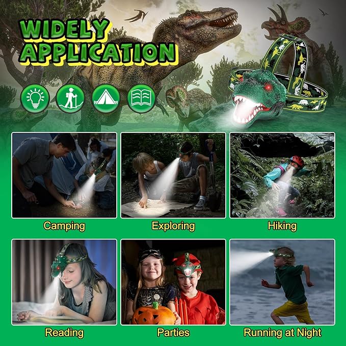 Nitigo Dinosaur Headlamp for Kids Flashlight Rechargeable Led Dino Head Lamp Roar & Silent Mode, T-Rex Dinosaur Toys for Kids 3 4 5 6 7 8, Camping Gear, Easter Gifts for Boys Girls Adults