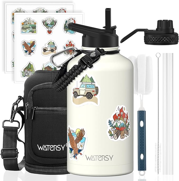 64oz Insulated Water Bottle (Cold for 48 Hrs),BPA Free&Leak Proof,Half Gallon Stainless Steel Water Flask,Water Jug with Straw Spout Lids for Gym,Hiking,Camping,White