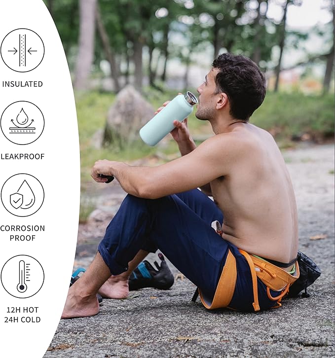Bambaw 32 oz Water Bottle, Insulated Stainless Steel Water Bottle with Wide Mouth, Made of High-Grade Stainless Steel, Portable with Handle, Great for Travel, Gym & Work (Ice Blue)