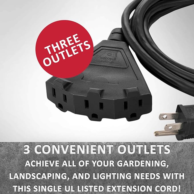 Holiday Lighting Outlet 50-Foot Black Extension Cord, 3-Prong Indoor & Outdoor Splitter, Perfect for Landscape Lighting
