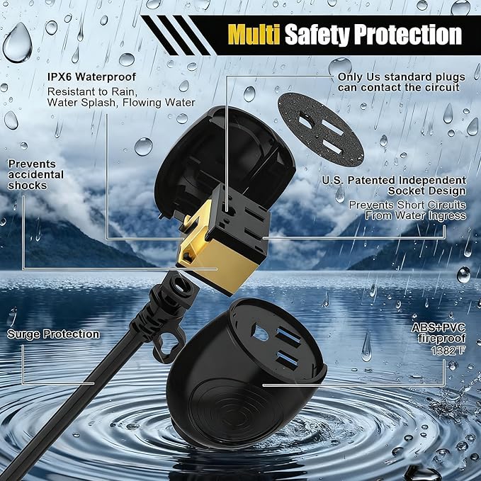 Blackcow Outdoor Power Extension Cord,50 Ft,IPX6 Waterproof, Cold Weather & Fireproof, Heavy Duty 3 Prong Cable,18AWG 125V 10A,FCC/ETL Certified for Outdoor/Indoor Use
