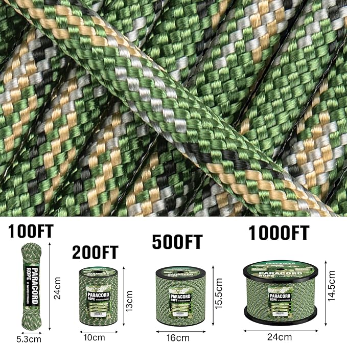 750lb Paracord Rope - 4mm 11 Strand Parachute para Cord Spool Rope Utility Nylon Survival Cord for Outdoor Camping Tent Crafting Bracelets DIY Projects - Camo Green 100ft