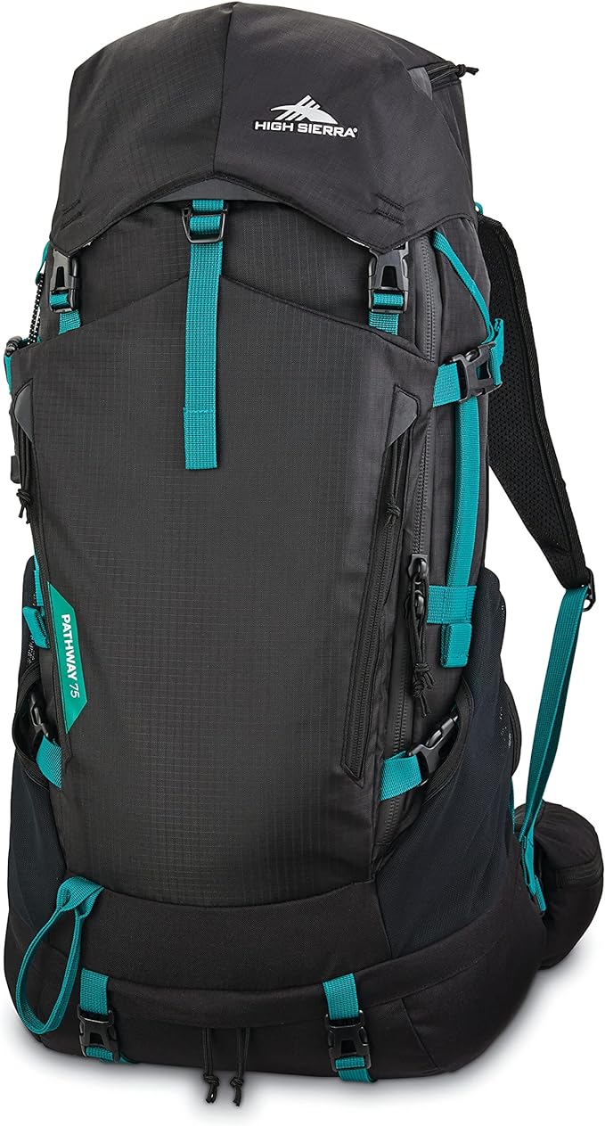 High Sierra Pathway 2.0 Backpack with Hydration Storage Sleeve, for Hiking, Biking, Camping, Traveling, Black, 75L