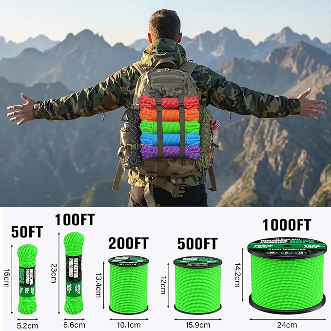 Reflective Paracord Rope 750 lb - 1000ft 5/32" Parachute Cord 4MM 12-Strand para Cord - Heavy Duty Spool String for Survival,Camping Gear, Survival Bracelet, Clothesline - Neon Green