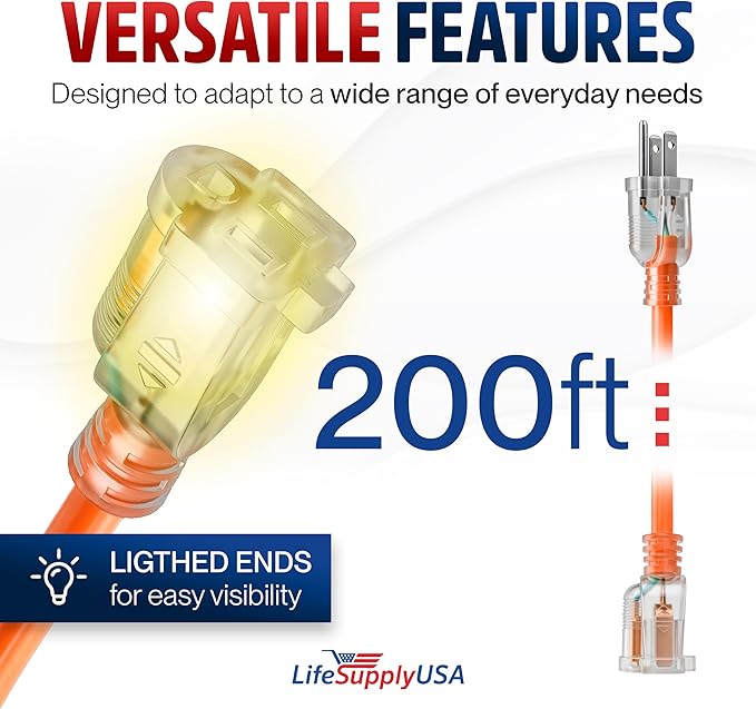 200ft Outdoor/Indoor Extension Cord 12/3 Gauge Extra Heavy Duty 3 Prong SJTW, Waterproof, Flexible Cold-Resistant Long Power Cord,8A 125V 1000W, Orange by LifeSupplyUSA