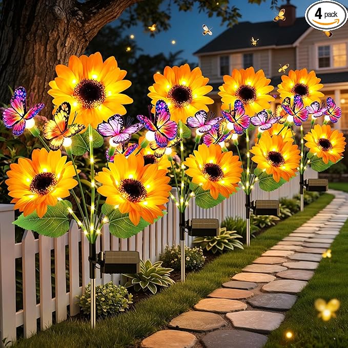 KOOPER Solar Garden Lights Outdoor Decor, Upgraded 4 Pack Solar Sunflower Lights with 16 Butterflies, Solar Flowers Outdoor Waterproof for Yard Lawn Garden Decor, Sunflower Gifts for Mom Women Grandma