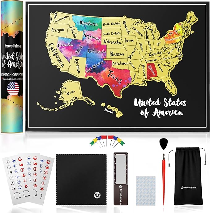 TRAVELISIMO Scratch Off Map of The United States, 12x17 inch Scratch USA with 25 Unique Accessories & Colorful Design, Perfect Scratch Map of United States for Travel, 50 States Travel Tracker