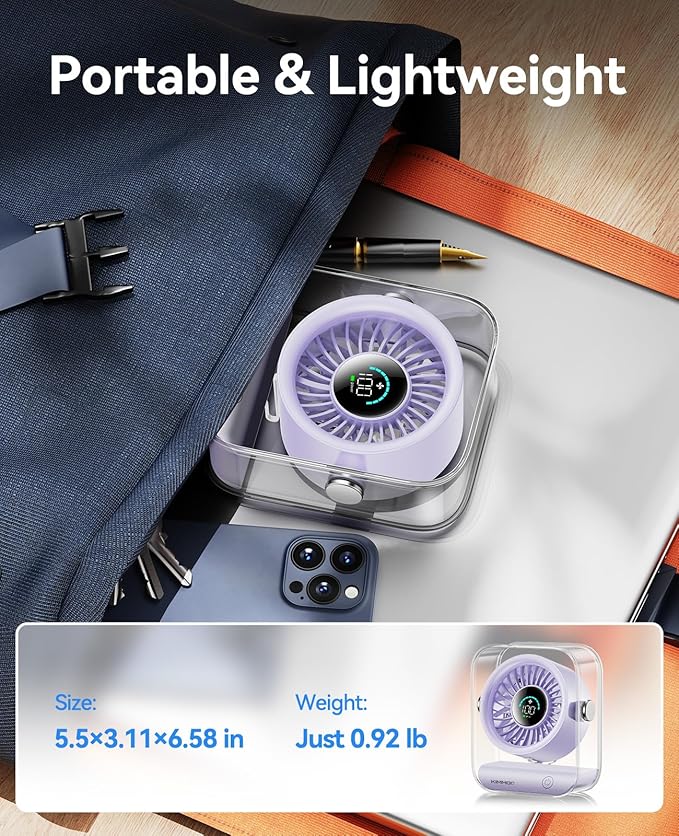 KIMMOO USB Desk Fan, Quiet Table Fan with Turbo Airflow, 100 Speeds, Digital Display, 90° Rotating, Small Rechargeable Battery Desktop Fans for Bedroom Home Office Travel, Lavender