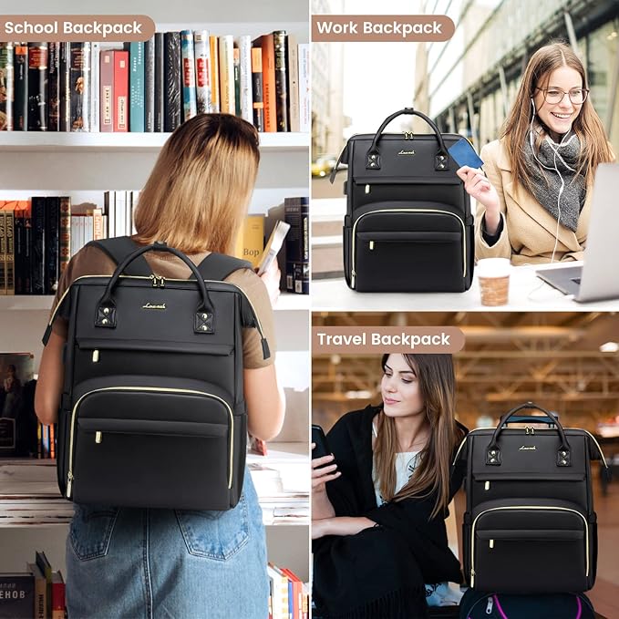 LOVEVOOK Leather Laptop Backpack for Women 18 inch,Travel Backpack Purse Nurse Teacher Backpack Computer Laptop Bag,Professional College Business Work Bags Carry On Backpack with USB Port,Black