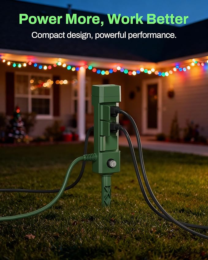 BN-LINK Outdoor Power Stake Timer, 100FT Wireless Remote Control, Dusk to Dawn Sensor for Outdoor Lights, 6 Grounded Outlets, 6ft Extension Cord, 1875W/15A,Christmas Decorations, ETL Listed