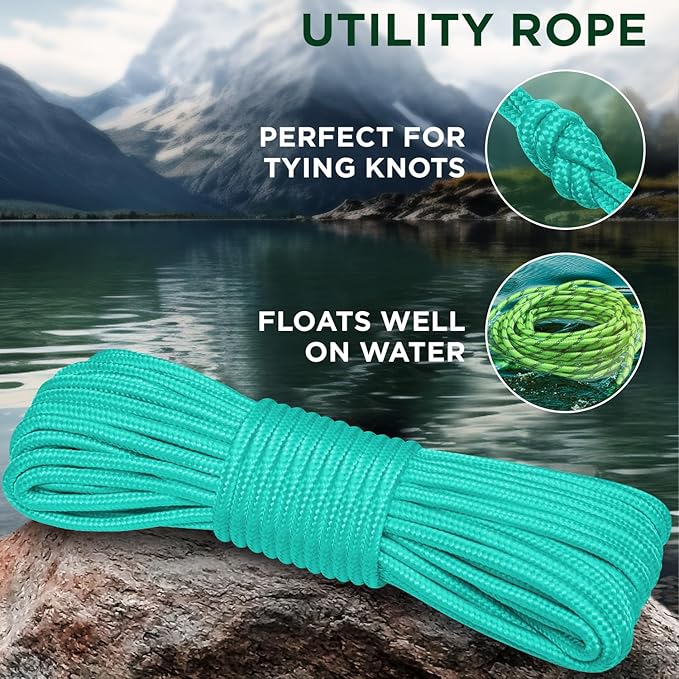 TECEUM Rope – 90 Feet x 3/8 Inch (10mm) – Green Wave – Strong All-Purpose Utility Rope – Camping, Crafting, Flag Pole, Indoor & Outdoor – Polypropylene Nylon Poly Lightweight Diamond Braided Cord