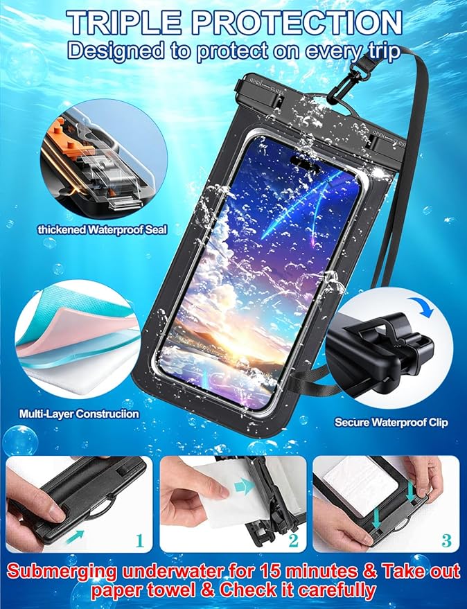 4 Pack Multicolor Universal Waterproof Phone Pouch, Large Phone Waterproof Case Dry Bag,Protection Level: IP68,Outdoor Sports for Apple iPhone,Samsung,and More,(Fits Up to 8.3”),Black,Blue,Pink,Orange