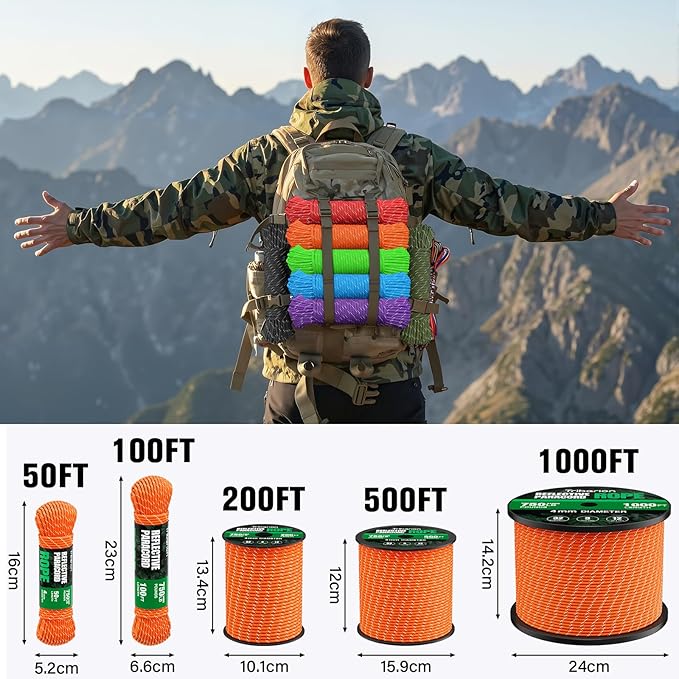 Reflective Paracord Rope 750 lb - 500ft 5/32" Parachute Cord 4MM 12-Strand para Cord - Heavy Duty Spool String for Survival,Camping Gear, Survival Bracelet, Clothesline - Orange
