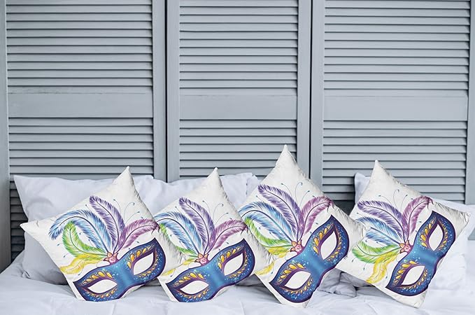 Ambesonne Mardi Gras Throw Pillow Cushion Case Pack of 4, Blue Ornate Venetian Festival with Feathers Masquerade Parade Preparations, Modern Accent Double-Sided Digital Printing, 18", Blue