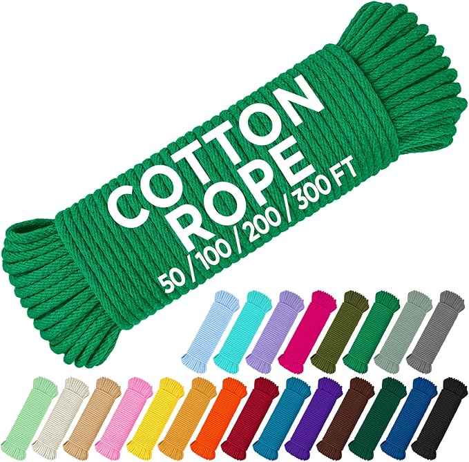 TECEUM Cotton Rope 3/16” (5 mm) – 100 FT – Strong All-Purpose Braided Rope – Natural Cotton – for Crafting, Сamping, Clothes Line, DIY, Indoor & Outdoor Use – Green