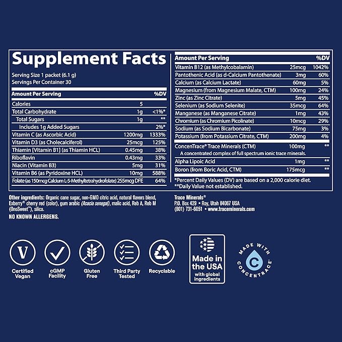 Trace Minerals | Power Pak Electrolyte Powder Packets | 1200 mg Vitamin C, Zinc, Magnesium | Boost Immunity, Hydration and Natural Energy | Raspberry | 30 Packets