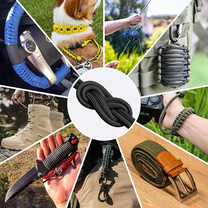 1200 Paracord Rope - 4.4mm Nylon Parachute Spool para Cord Lanyard for Outdoor Camping Survival Utility Tent Crafting DIY Projects Fishing Clothsline Bracelet - Black 100FT