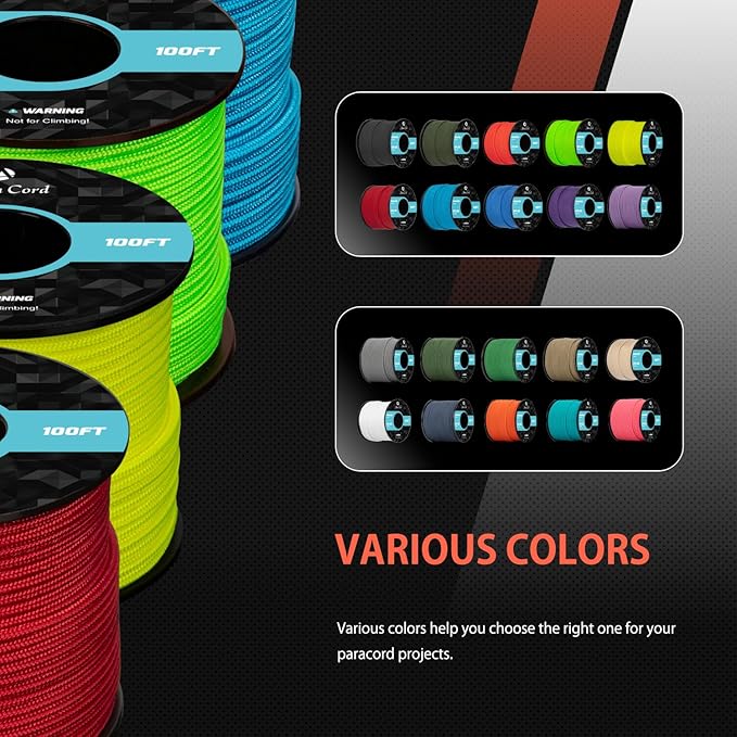 Abma Cord 2.4mm Paracord 275 100ft Nylon Rope 4 Strands Tactical Parachute Cord - Max. 275lbs - Red