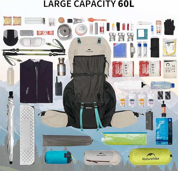 Naturehike 60L Rock 2.0 Upgraded Internal Frame Hiking Backpack for Outdoor Camping Travel Backpacking, Ultralight Backpack for Adults(White/M/60L)