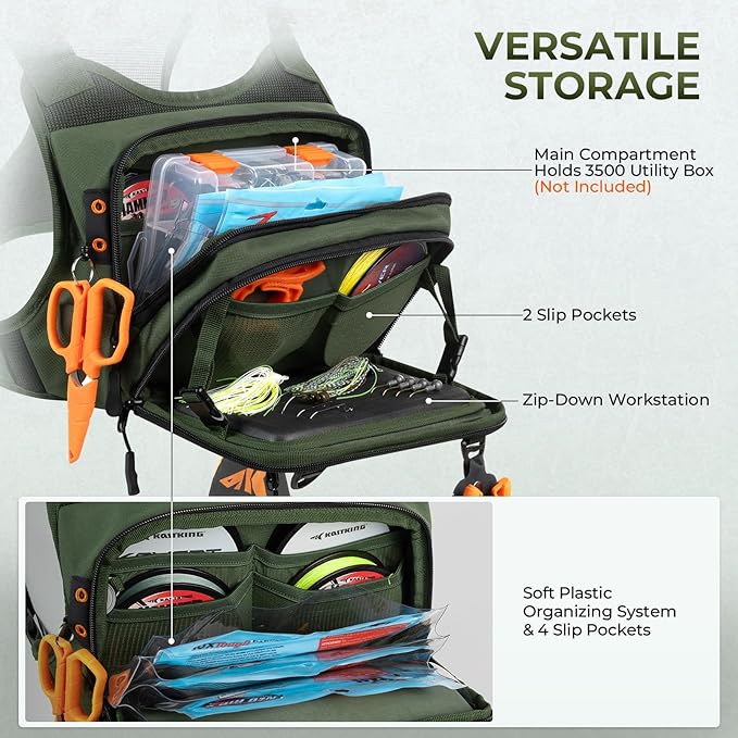 KastKing Bait Boss Water-Resistant Fishing Chest Pack With EVA Zip-Down Workstation, MOLLE Storage, Adjustable Chest Straps