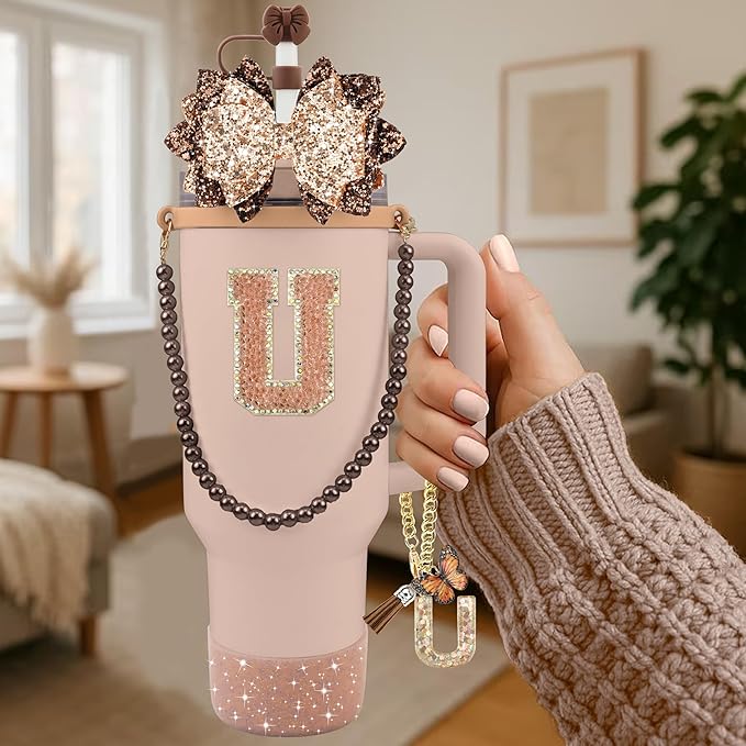 9PCS Brown for Stanley Cup Accessories Set Bling Initials Bow Charms for Stanley Decorations 30/40 Oz Tumbler Accessories Including Bow Straw Topper, Handle Strap, Spill Stopper（Letter U）
