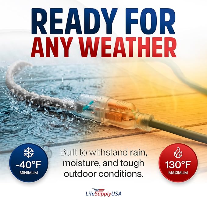 25ft Outdoor/Indoor Extension Cord 16/3 Gauge Heavy Duty 3 Prong SJTW, Waterproof, Flexible Cold-Resistant Long Power Cord,13A 125V 1625W, Black by LifeSupplyUSA