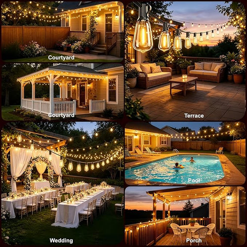 100FT Remote Outdoor String Lights for Outside, 50+2 LED Waterproof Shatterproof Edison Dimmable Timer Bulbs, 2500K Warm White Patio Lights for Garden Backyard Yard Hanging Lighting