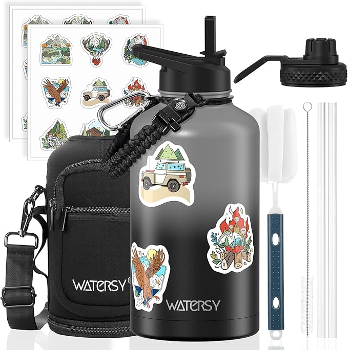 64oz Insulated Water Bottle (Cold for 48 Hrs),BPA Free&Leak Proof,Half Gallon Stainless Steel Water Flask,Water Jug with Straw Spout Lids for Gym,Hiking,Camping,Grey Black