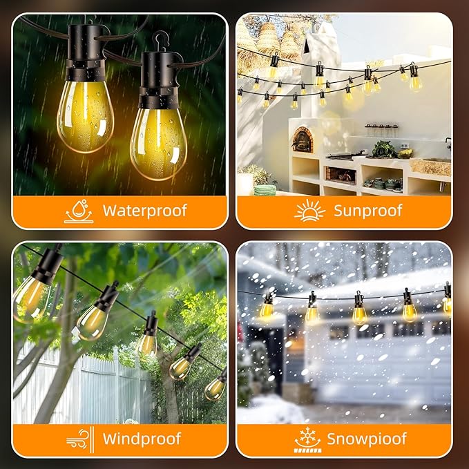 Outdoor Patio String Lights: S14 Shatterproof Bulb Outside Waterproof Light - 50Ft 15M Remote Dimmable Connectable Hanging Outdoor Electric Lighting - Garden Backyard Yard Gazebo Porch Party