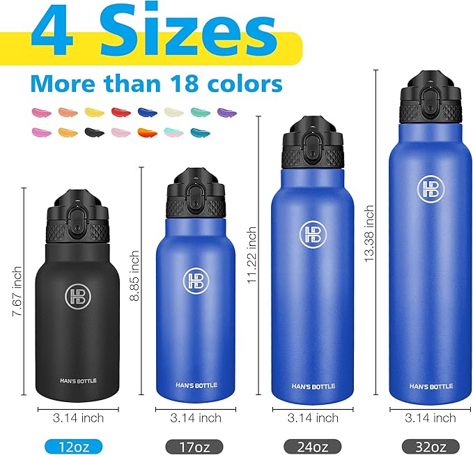 Han's Bottle Kids Water Bottle with Straw Lid - Insulated Stainless Steel Reusable Tumbler for Girls,Boys,Thermo Mug,12oz,Black
