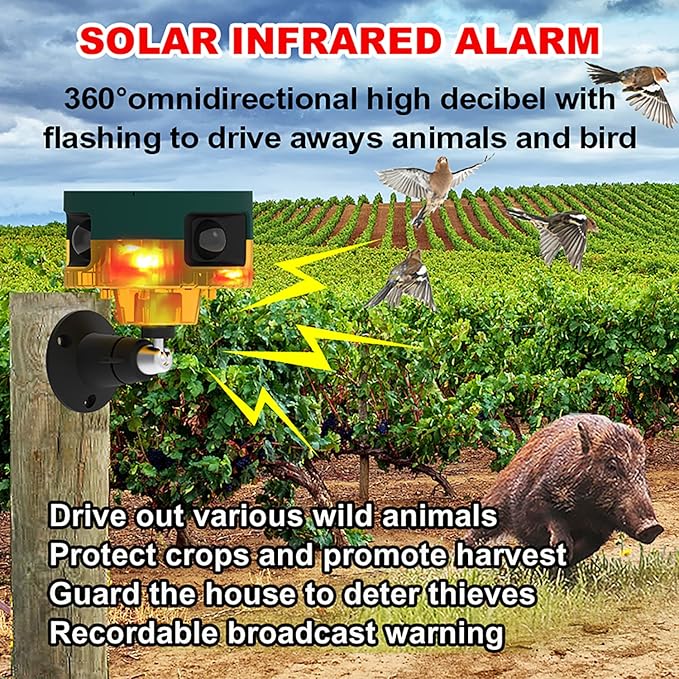 Solar Sensor Security Alarm Lights Outdoor,WONFAST 360° Motion Detector LED Flashing Strobe Light Warning Lamp Built-in 13Sounds,129db Loud Siren Sound for Home Farm Barn Villa Yard (Yellow-1)