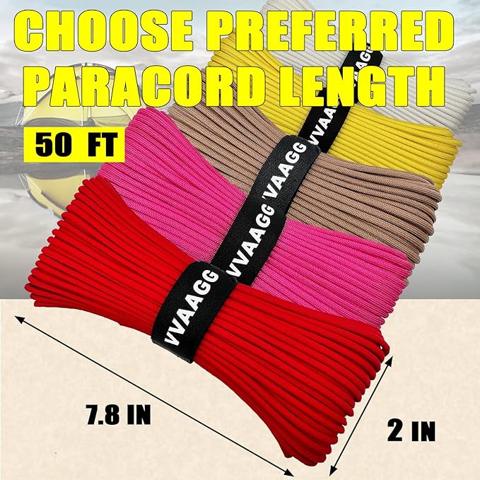 VVAAGG 1000 Paracord Rope, 50ft 12 Strand Parachute Cord for Crafting, DIY Projects, Survival Bracelets, Camping, Tent, Clothsline, Outdoor Hiking, Fishing (Red, 50FT)