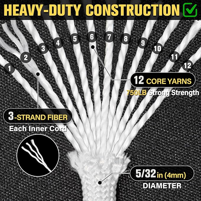 Paracord Rope 750 lb - 1000ft 5/32" Parachute Cord 4MM 12-Strand para Cord - Heavy Duty Spool String for Survival,Camping Gear, Survival Bracelet, Clothesline - White