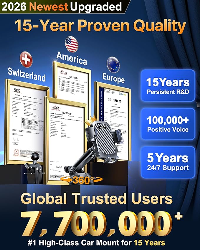 2026 Ultimate Best【True Military-Grade & Safety Cert】Car Phone Holder HTU【Upgraded 360 Rotation & 100+LBS Strongest Suction】5-in-1 Truck Windshield Dashboard Vent Mount Stand for iPhone Android, Black