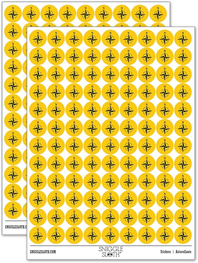 Compass Rose Nautical Star Navigation Map 200+ Round Stickers - Matte Finish - 0.50" Size - Yellow