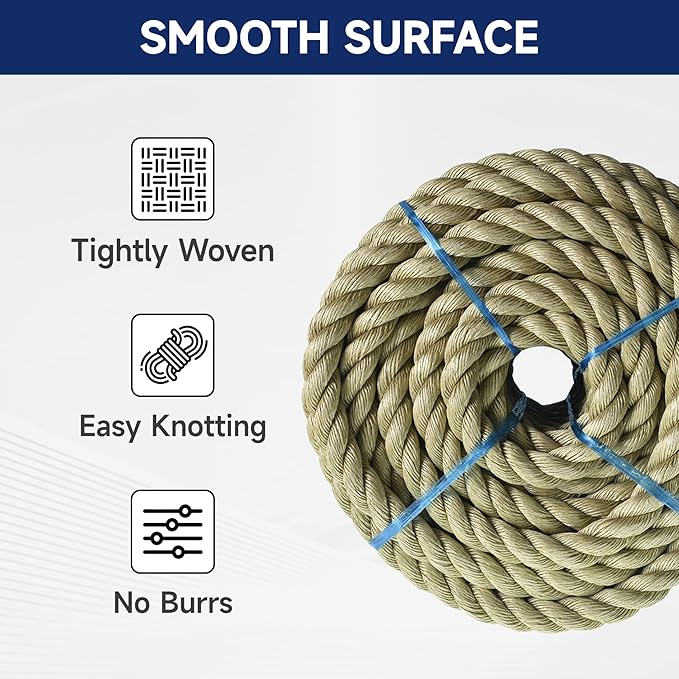 1 inch x 100 feet Twisted ProManila - UnManila Rope, Tan Twisted 3 Strand Polypropylene Rope Cordage for Marine, Nautical, DIY Projects, Tie Downs