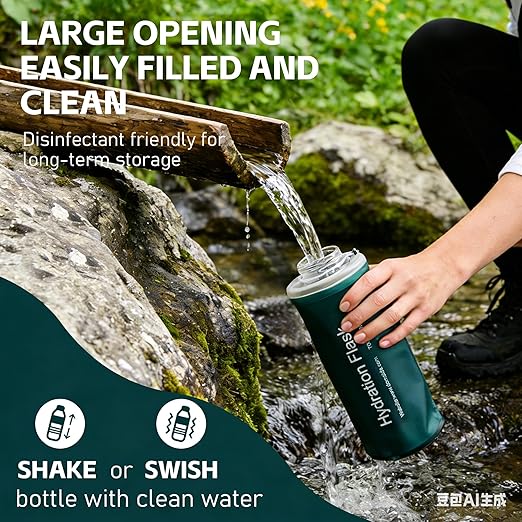 AXEN Collapsible Water Bottle with Filter System, Soft Hydration Flask for Trail Running, Camping, Hiking, Cycling, 500ml Slate Green
