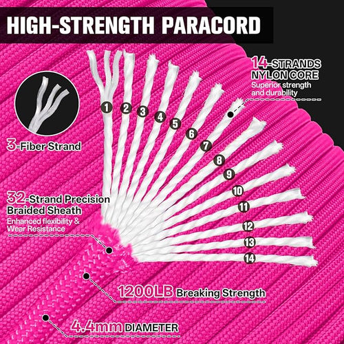 1200 Paracord Rope - 4.4mm 14 Strand Nylon Parachute Spool para Cord Lanyard for Outdoor Camping Survival Utility Tent Crafting DIY Projects Fishing Clothsline Bracelet - Neonpink 200FT