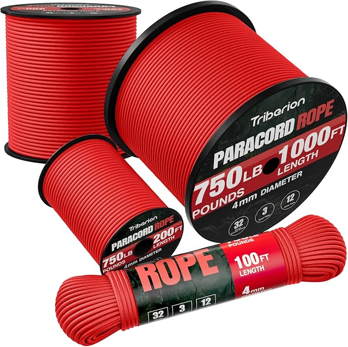 Paracord Rope 750 lb - 100ft 5/32" Parachute Cord 4MM 12-Strand para Cord - Heavy Duty Spool String for Survival,Camping Gear, Survival Bracelet, Clothesline - Red